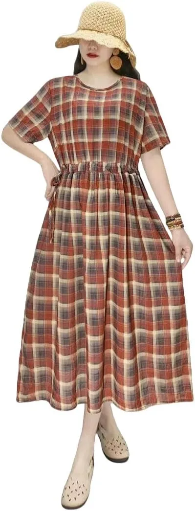 Women's Summer Loose Pocket Dress Retro Literary High Waist for Casual Daily Art