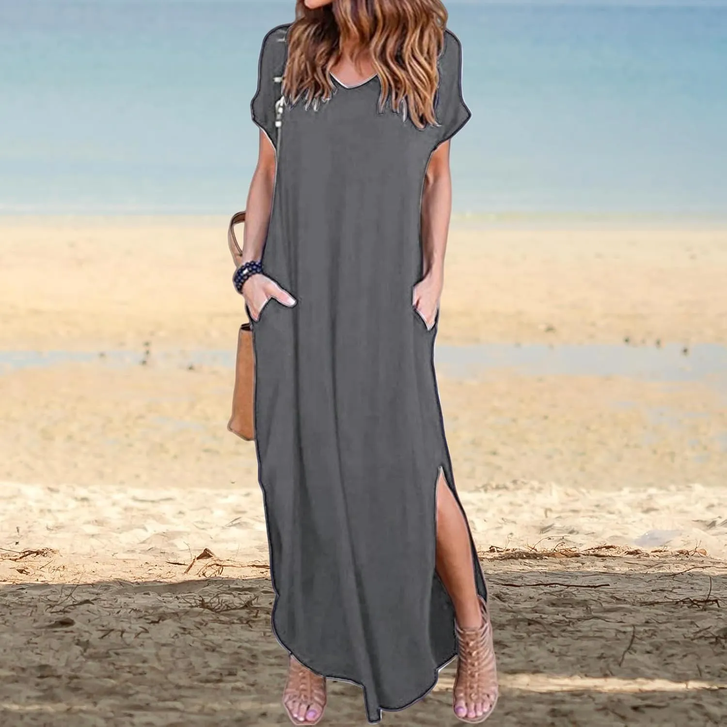 Women's Summer Maxi Dress Casual Loose Short Sleeve Slits Long Beach Dresses with Pockets