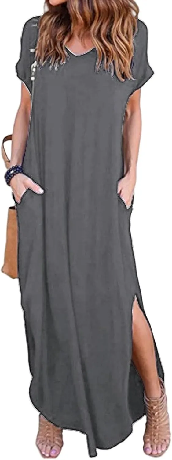 Women's Summer Maxi Dress Casual Loose Short Sleeve Slits Long Beach Dresses with Pockets