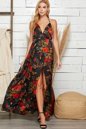 Women's Sweet Lemon Floral Print Halter Neck Maxi Dress