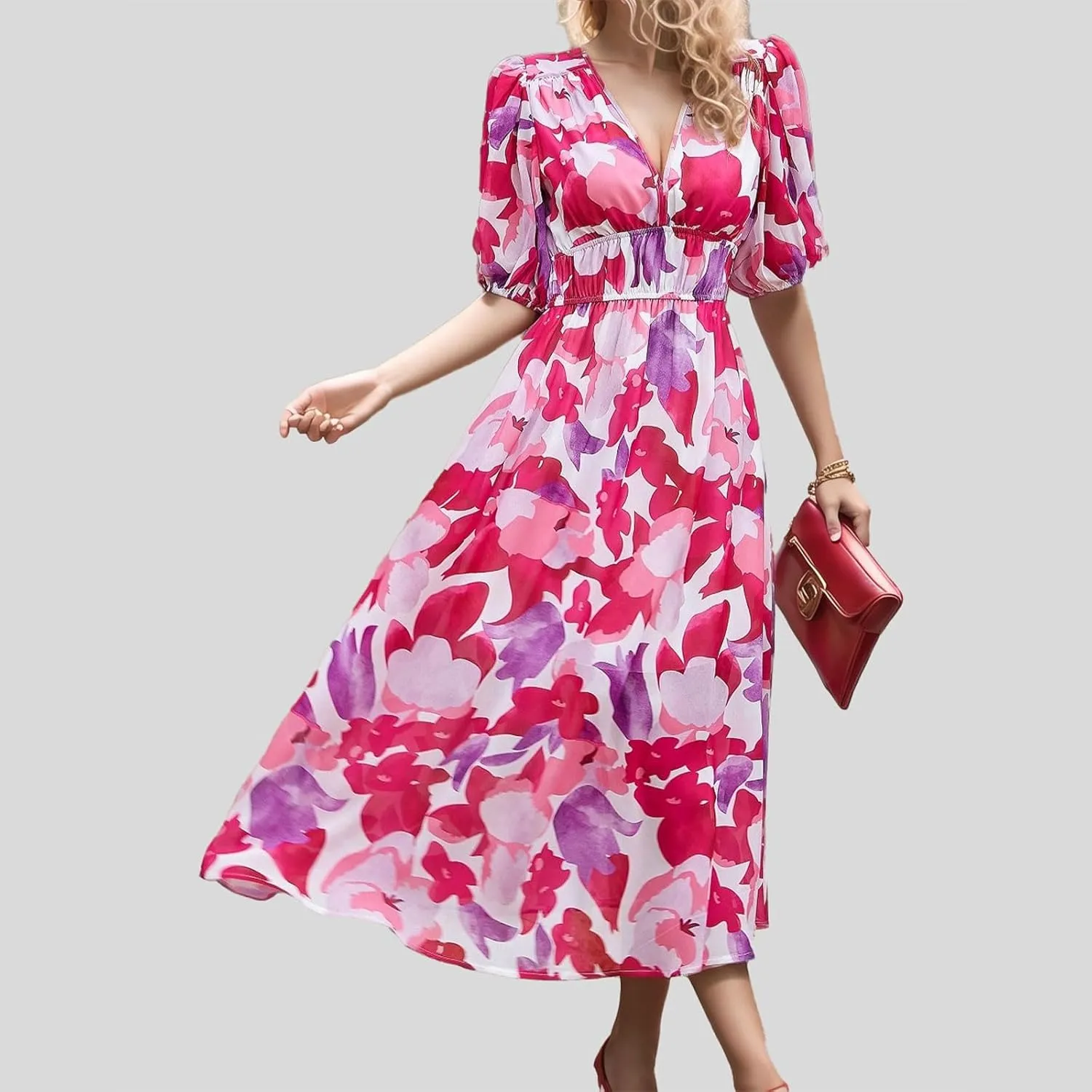 XOWRTE Summer Maxi Dresses for Women 2025 Casual V Neck Puff Short Sleeve Smocked Flowy Beach Boho Long Floral Dress