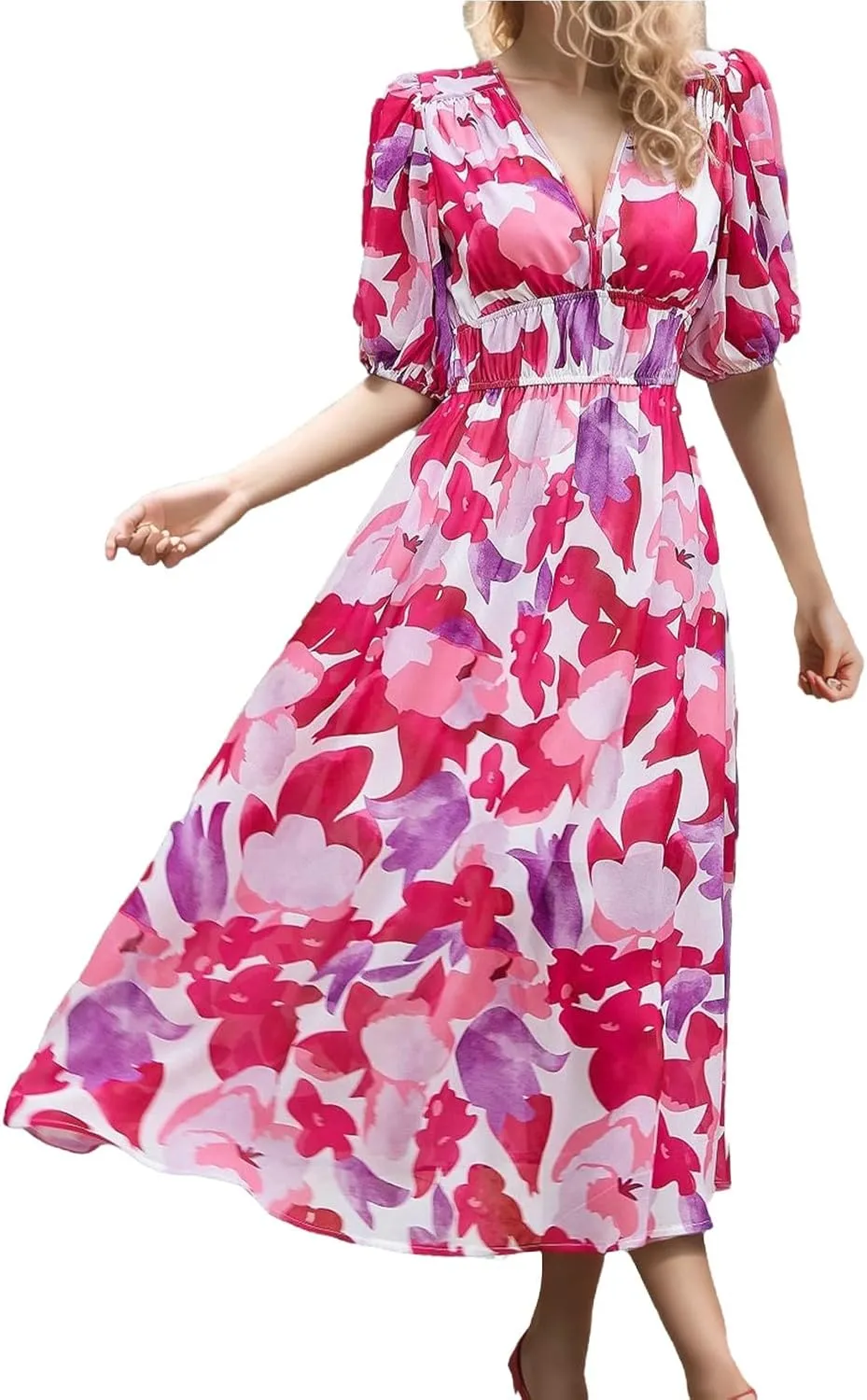 XOWRTE Summer Maxi Dresses for Women 2025 Casual V Neck Puff Short Sleeve Smocked Flowy Beach Boho Long Floral Dress