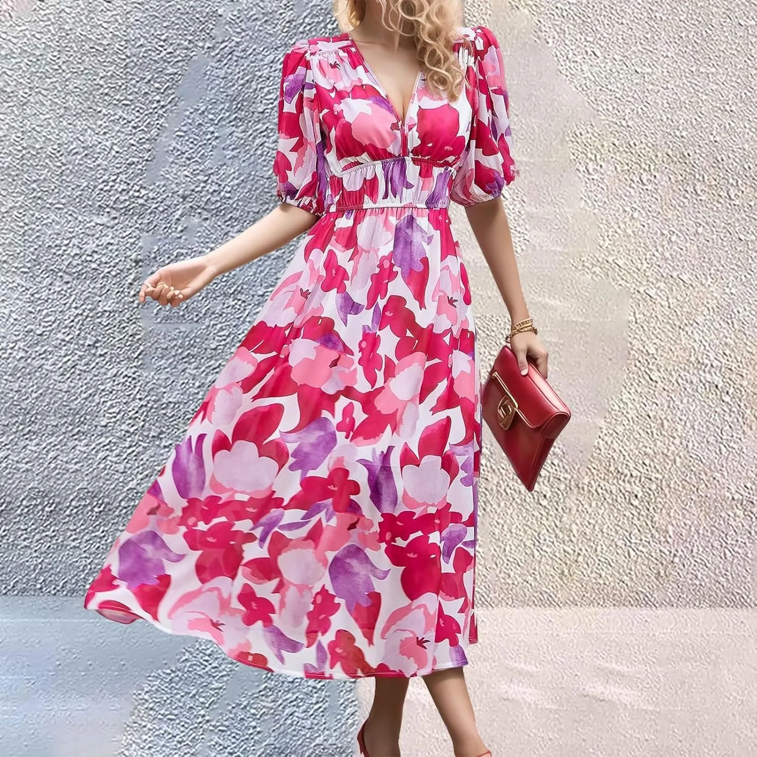 XOWRTE Summer Maxi Dresses for Women 2025 Casual V Neck Puff Short Sleeve Smocked Flowy Beach Boho Long Floral Dress