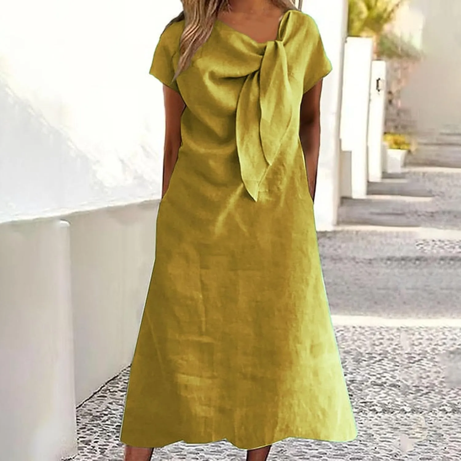 XOWRTE Women's 2025 Spring Summer Casual Maxi Dress Beach Vacation Short Sleeve Tie Crewneck Basic Long T Shirt Dresses